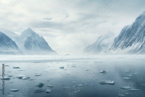  a large body of water surrounded by snow covered mountains and a cloudy sky with a few clouds in the sky.