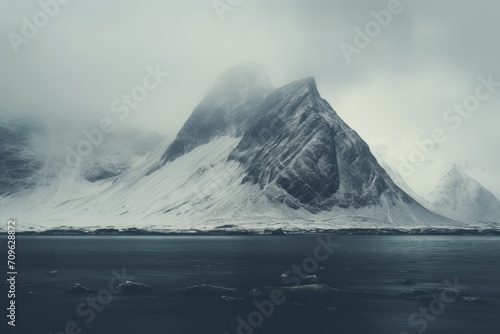 a mountain in the middle of a body of water with ice on the ground and snow on the top of it.