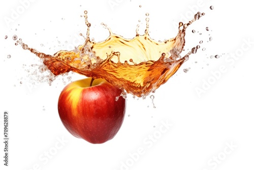  an apple with water splashing out of it's core and a piece of fruit in the foreground.