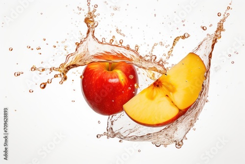  an apple is splashing into the water with a slice of apple in the middle of the image, with a splash of water on the side of the apple.