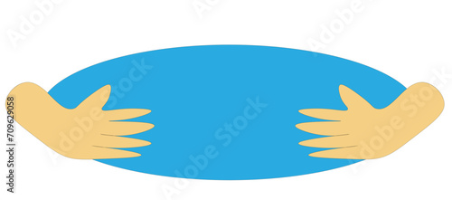 two hands holding a blue oval on a white background,