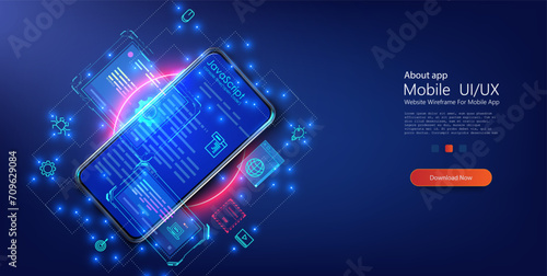 Programming, testing cross platform code on smartphone, Web design. Software mobile app download landing or software development coding process concept. Vector illustration