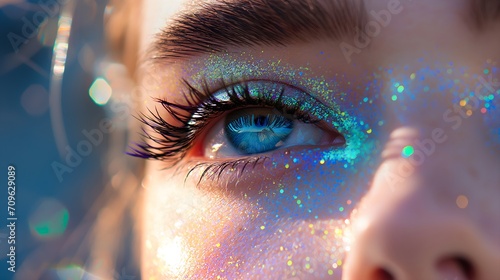 Close-up of a woman's eye with glitter eyeshadow	
 photo