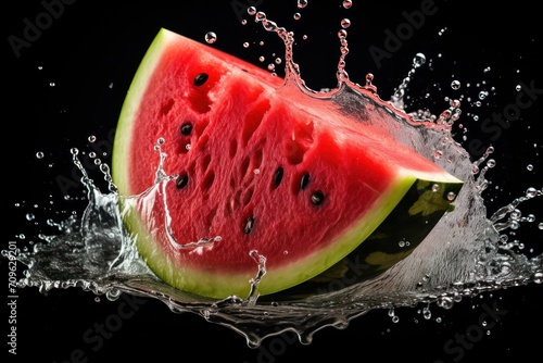  a slice of watermelon being dropped into a body of water with a splash of water on top of it.