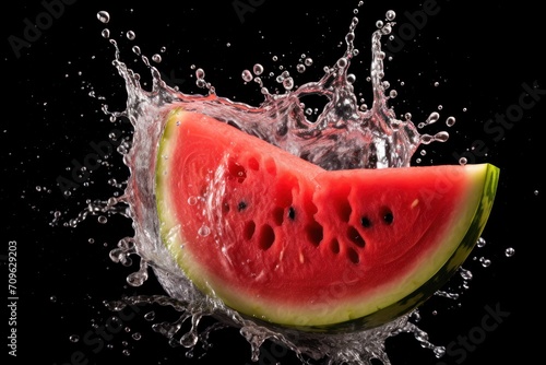  a slice of watermelon falling into the water with a splash of water on the top of the slice.
