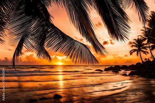 Detail of coconut palm tree leaf silhouette against tropical beach on sunset