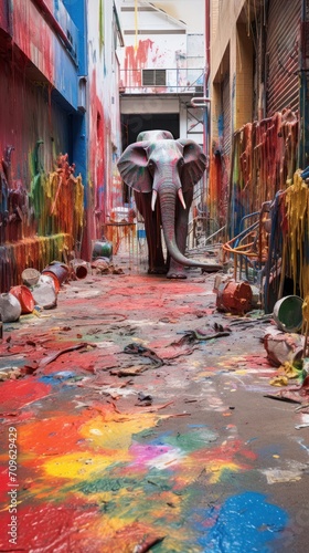  an elephant that is standing in the middle of a street with a lot of paint on it's floor.