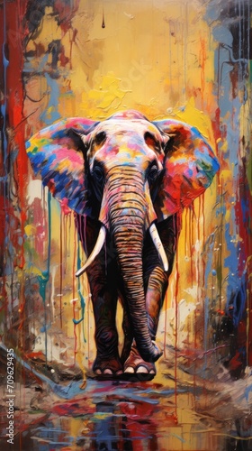  a painting of an elephant standing in front of a painting of paint dripping down the side of it's face.