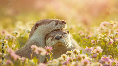 Cute Baby Otters in a field at spring