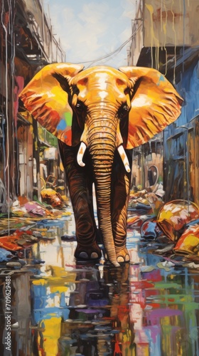  a painting of an elephant walking through a puddle of water in the middle of a street with buildings in the background.