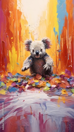  a painting of a koala holding a heart in the middle of a pile of confetti on a colorful background.
