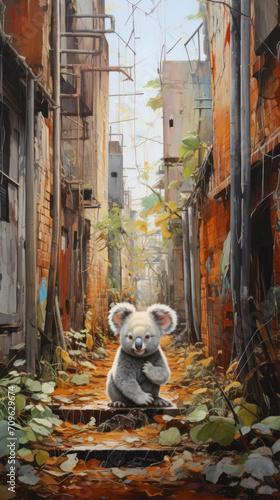  a painting of a koala hugging a baby koala in an alleyway with leaves on the ground and buildings in the background.