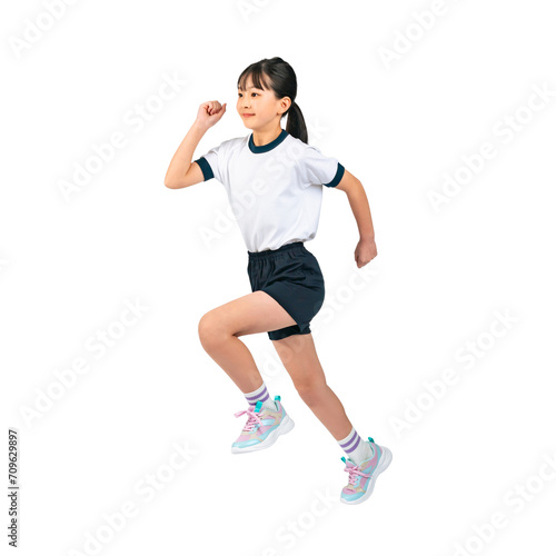 ジャンプする体操服を着た女の子 手作業で精密に切り抜いた背景透過写真PNG