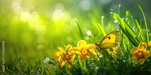 A vibrant yellow butterfly perched on top of a lush green field. Perfect for nature enthusiasts and those seeking a touch of beauty in their designs