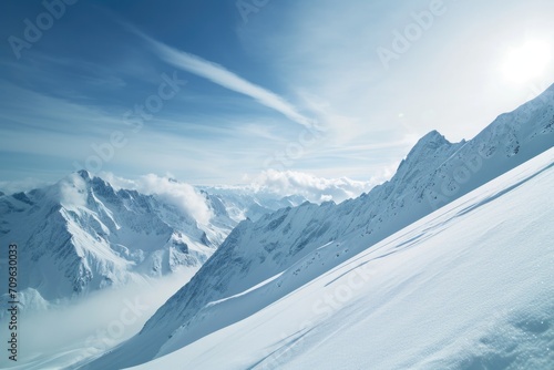 A man is skiing down a snow-covered slope. This picture can be used to depict winter sports and outdoor activities