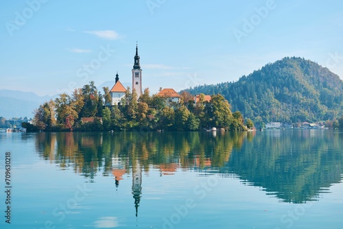 lake bled , view on island with a church