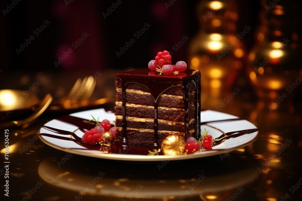  a piece of chocolate cake sitting on top of a white plate next to a fork and a glass of wine.
