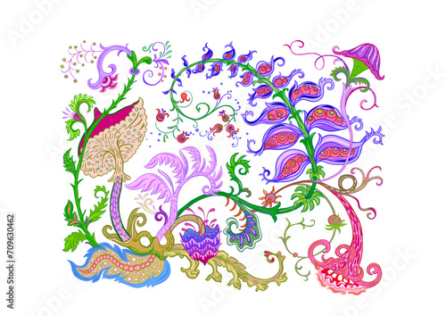 Fantasy, alien hypnotic flowers, decorative flowers and leaves. Cartoon style. Millefleurs trendy floral design. Clip art, set of elements for design Outline hand drawing vector illustration.