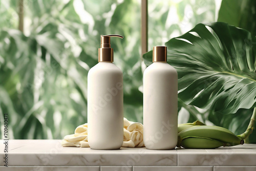 Plastic bottles with body care productsle countertop in bathroom