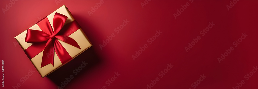 Gift in gold packaging with a red ribbon on a red background, top view. Banner for Valentine's Day, March 8, birthday.