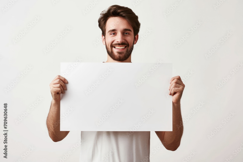 Caucasian Man Holds Blank Sign For Customizable Advertisements, Isolated On White Caucasian Man Holds Blank Sign For Customizable Advertisements, Isolated On White