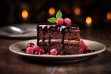  a piece of chocolate cake with raspberries and chocolate icing on a white plate on a wooden table.