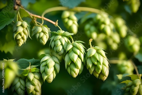Hop plant close up growing on a Hop farm. Fresh and Ripe Hops ready for harvesting. Beer production ingredient. Brewing concept. Fresh Hop over blurred nature green background with sun beams