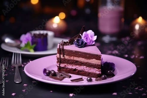  a piece of cake sitting on top of a white plate next to a fork and a purple rose on top of a table. © Nadia