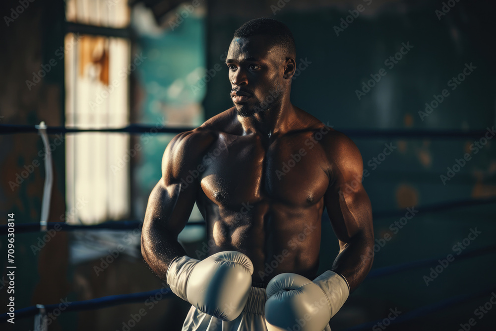 Confident, Muscular Boxer In White Gloves Prepares To Enter The Ring - obrazy, fototapety, plakaty 