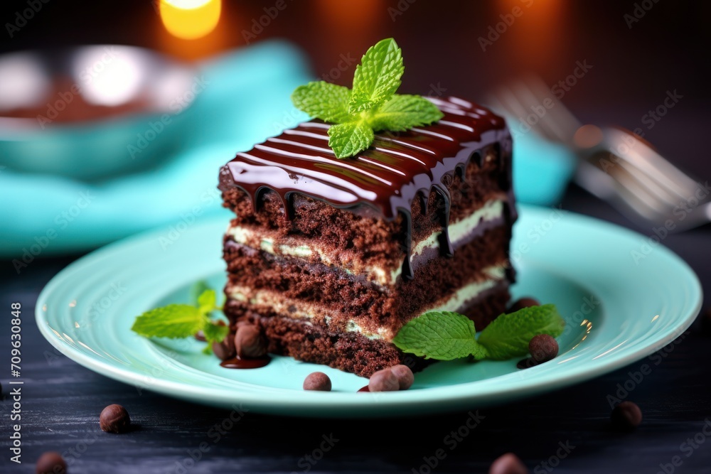 a piece of chocolate cake on a plate with a mint garnish and chocolate chips on the side of the plate. a piece of chocolate cake on a plate with a mint garnish and chocolate chips on the side of the plate.