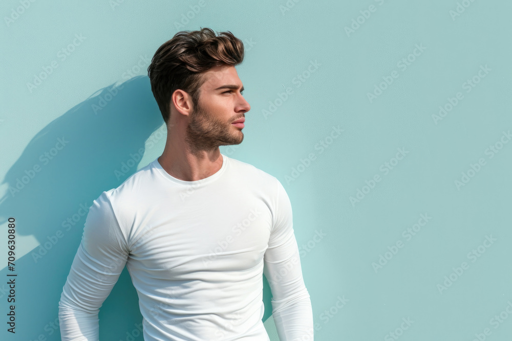 Fit Male Model Wearing Blank White Long Sleeve Shirt Against Pastel Blue Wall Fit Male Model Wearing Blank White Long Sleeve Shirt Against Pastel Blue Wall