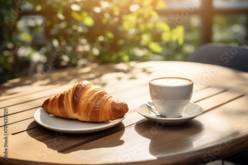  a cup of coffee and a croissant sit on a wooden table in front of the sun shining through the leaves of a tree.