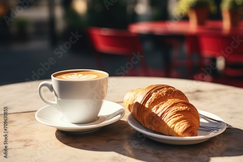  a cup of coffee and a croissant sit on a table in front of a table with red chairs.