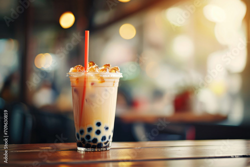 Detailed Shot Of Refreshing Taiwanese Milk Bubble Tea On Wooden Coffee Shop Table