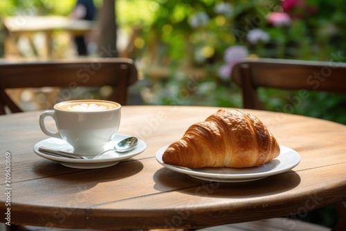  a croissant sitting on a plate next to a cup of coffee on a saucer on a wooden table.