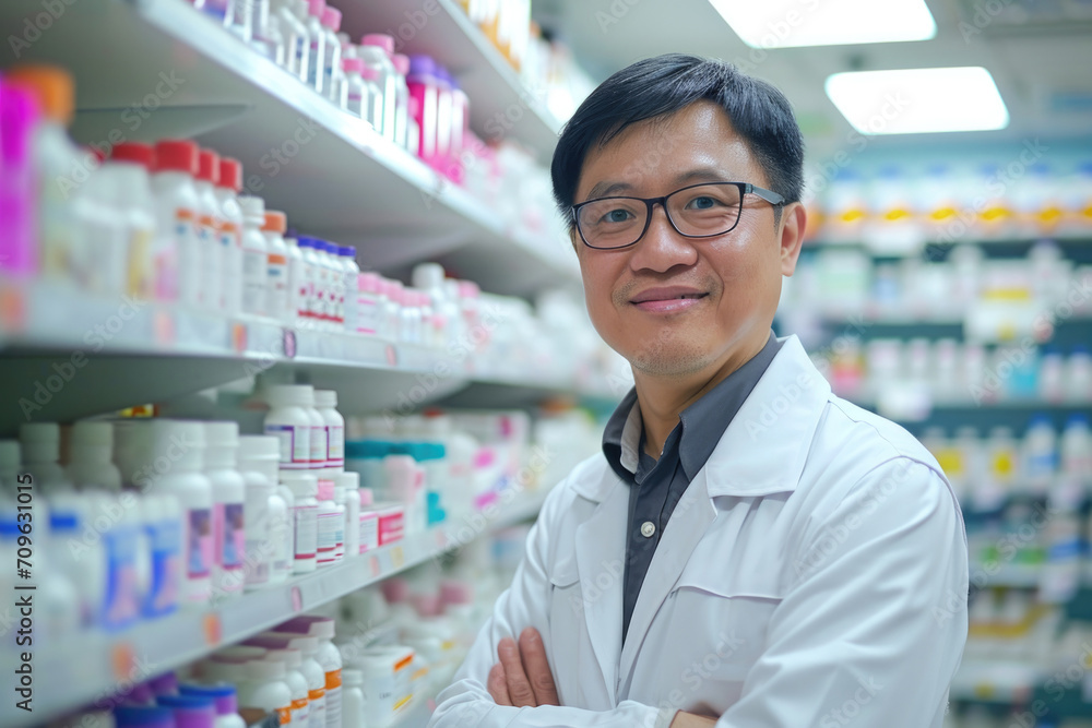 Smart Asian Pharmacist With Keen Eye For Medication Benefits Customers