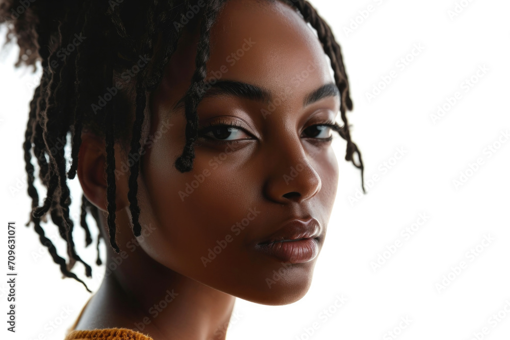 Exquisite Portrait Of An African American Woman With Curly Braids And Striking Features, Set Against A White Background