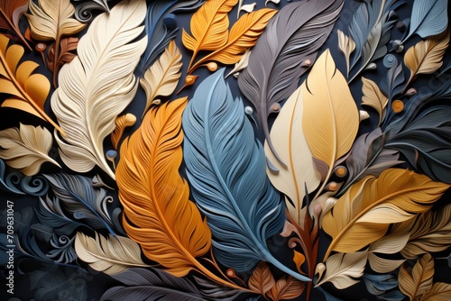  a close up of a painting of a bunch of leaves on a black background with orange, yellow, and blue colors.