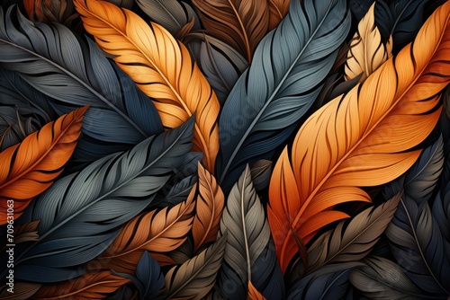  a close up of a bunch of leaves with orange and blue leaves in the middle of the image on a black background. © Nadia