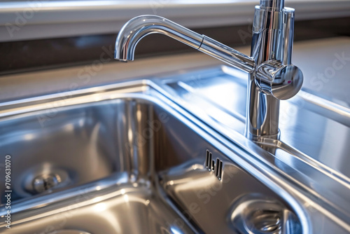 Close-Up Of A Pristine And Shiny Stainless Steel Kitchen Sink With A Faucet