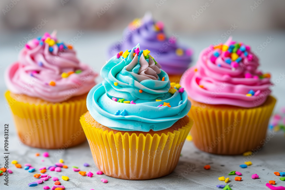 birthday cupcake with candles. Chocolate cupcake covered with buttercream frosting and multi-colored sprinkles. Birthday small Cupcake with sugar icing decoration and feathers on pink background. birthday cupcake with candles. Chocolate cupcake covered with buttercream frosting and multi-colored sprinkles. Birthday small Cupcake with sugar icing decoration and feathers on pink background.