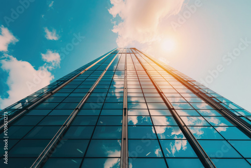 Breathtaking Photograph Showcasing A Majestic Office Skyscraper Amidst A Serene Blue Sky