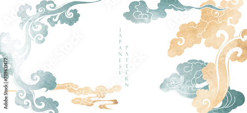 Blue, black and brown brush stroke texture with Japanese chinses cloud pattern in vintage style. Abstract art landscape banner design with watercolor texture vector. Frame and border . 