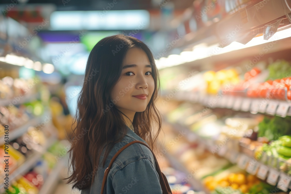 Asian Woman Shops For Groceries, Radiating Beauty In The Supermarket Aisles