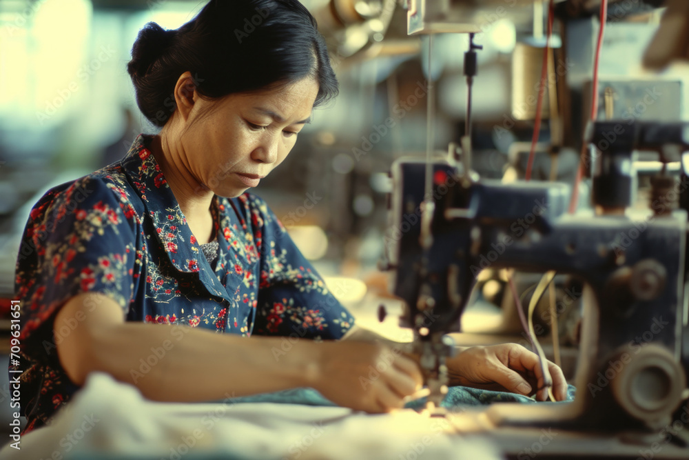 Asian Seamstress Showcasing Exceptional Work Ethic And Precision In A Textile Factory