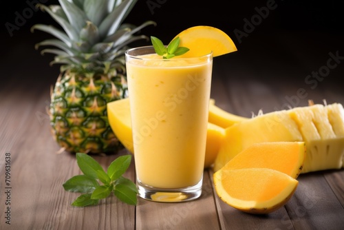  a glass filled with a smoothie next to sliced pineapples and a pineapple on a wooden table.