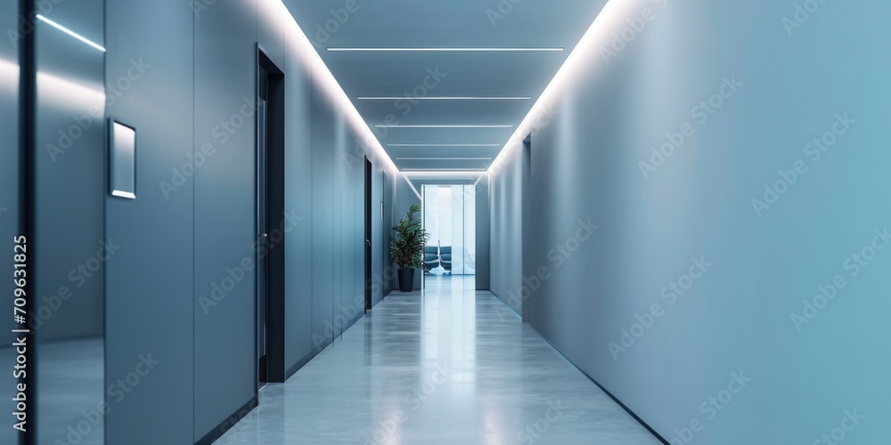 A long hallway with a plant in the middle. Suitable for interior design and architecture projects A long hallway with a plant in the middle. Suitable for interior design and architecture projects