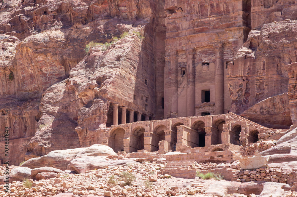 Jordan Petra. Petra - Capital of Nabataean Kingdom. Ancient temples and tombs carved into colored rocks on territory of Nabataean kingdom.