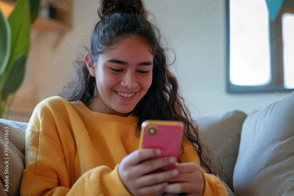Joyful Latina Teenager Embraces Digital Connectivity, Happiness Evident While Using Smartphone At Home