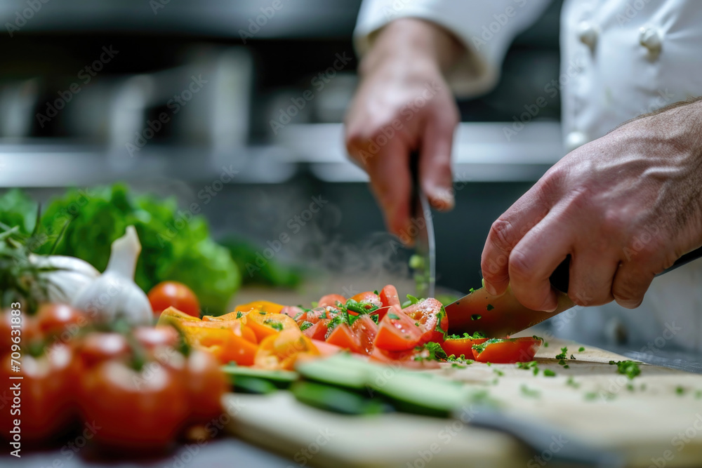 Chefs Hands Skillfully Slice Fresh Vegetables In Highend Restaurant Kitchen Chefs Hands Skillfully Slice Fresh Vegetables In Highend Restaurant Kitchen